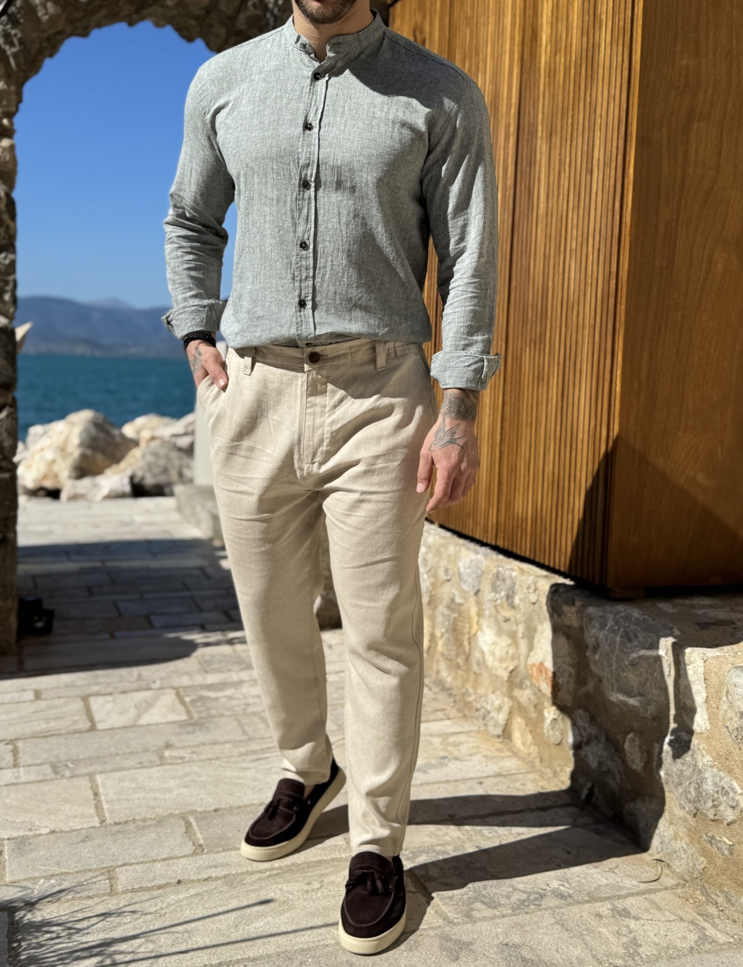 Ανδρικό μπεζ λινό υφασμάτινο παντελόνι με λάστιχο στην μέση JR0022B φωτογραφία